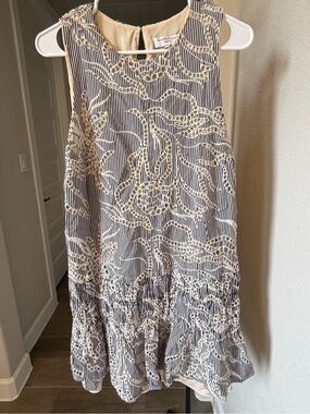 Waverly Grey Navy and Cream Lace-Trim Sleeveless Mini Dress L